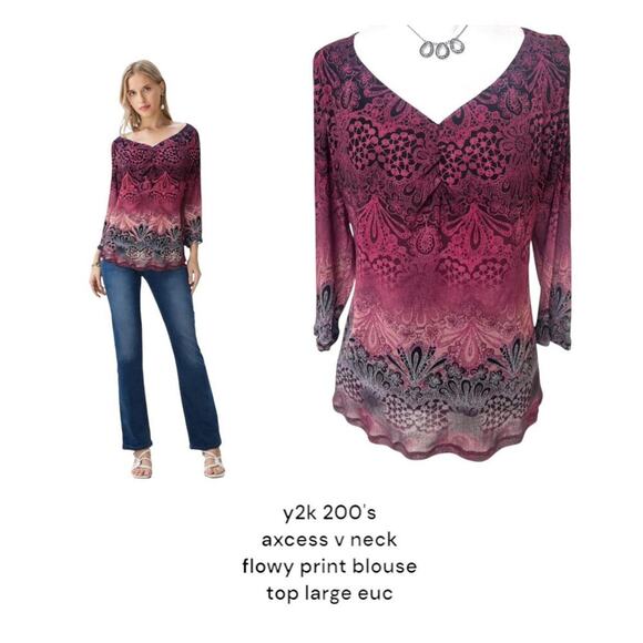 y2k vintage 2000's axcess v neck flowy relaxed mesh graphic‎ blouse size large. - Picture 1 of 6